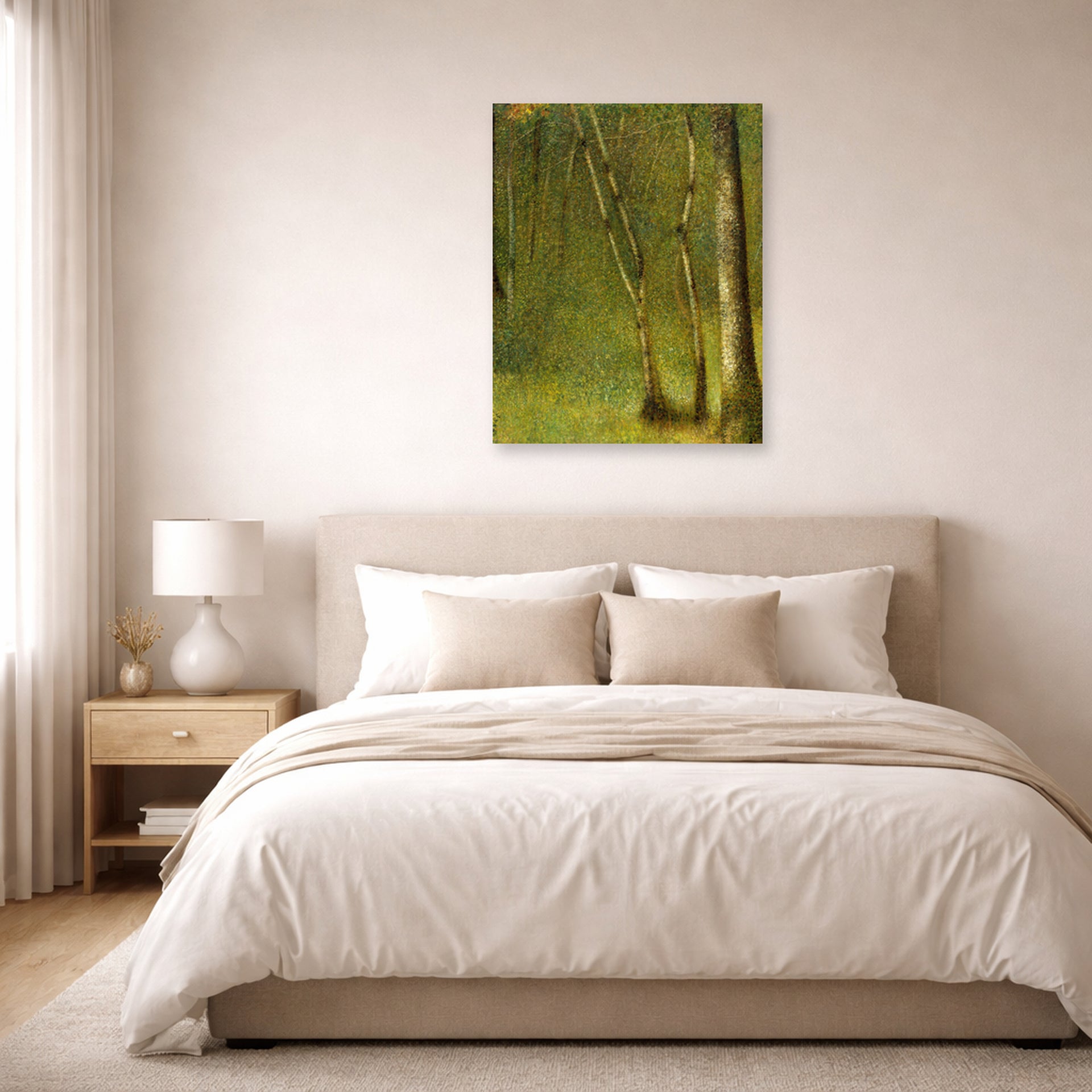 Unframed poster print of Georges Seurat's The Forest at Pontaubert displayed on a wall in a bedroom