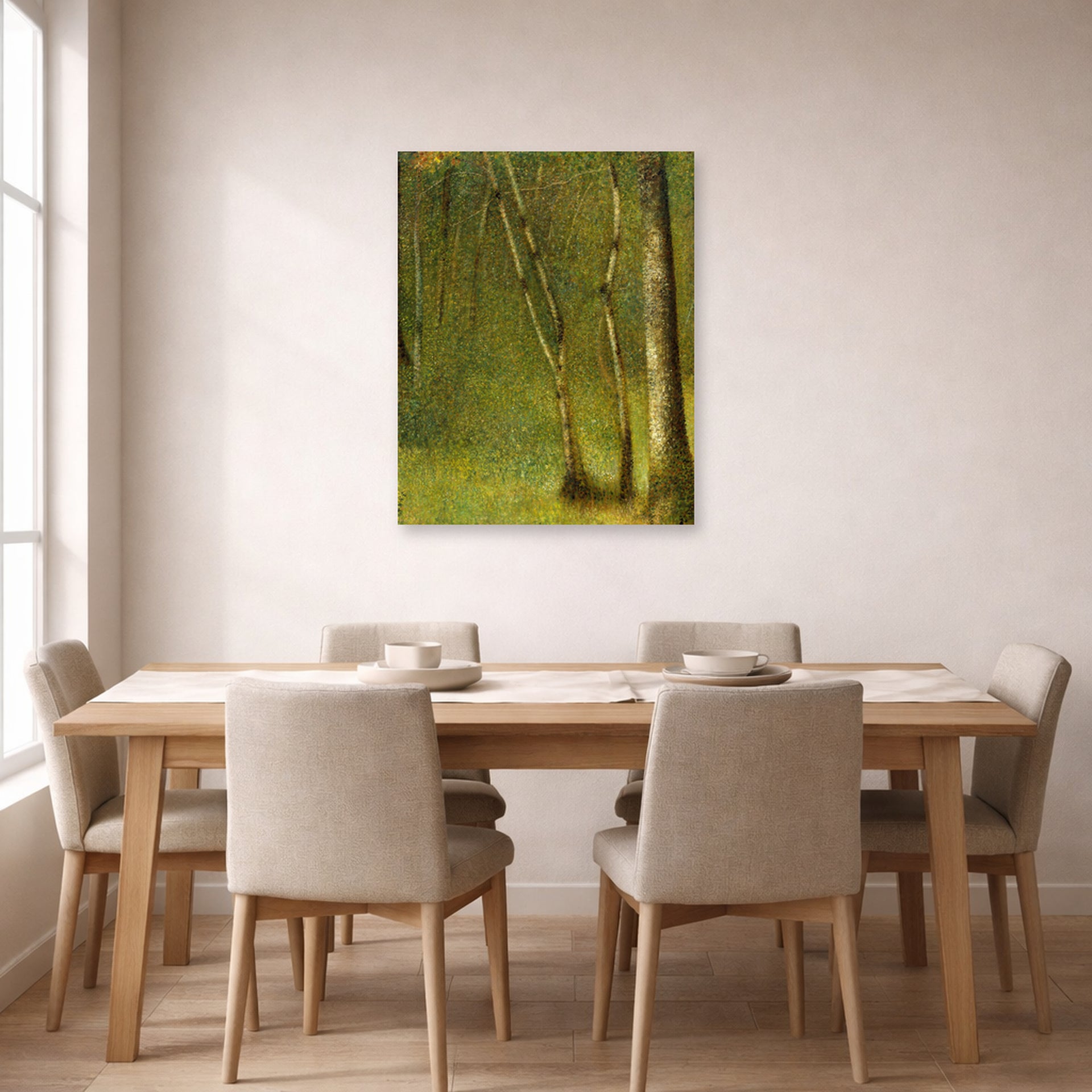 Unframed poster print of Georges Seurat's The Forest at Pontaubert displayed on a wall in a dining room