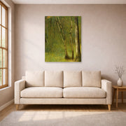 Unframed poster print of Georges Seurat's The Forest at Pontaubert displayed on a wall in a living room
