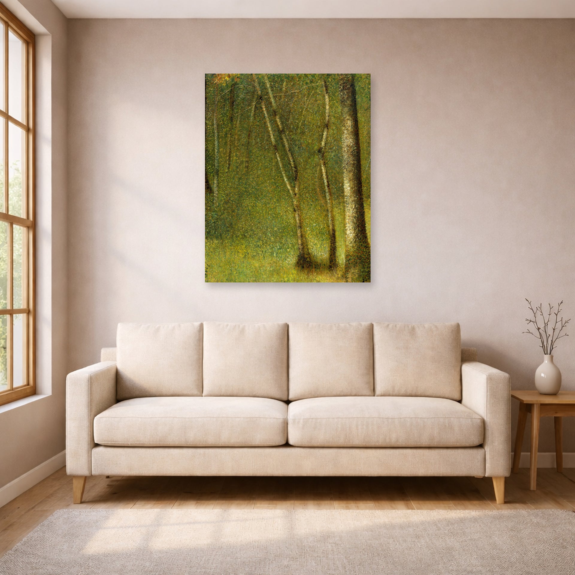Unframed poster print of Georges Seurat's The Forest at Pontaubert displayed on a wall in a living room