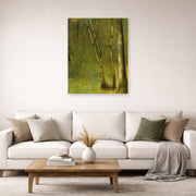 Unframed poster print of Georges Seurat's The Forest at Pontaubert displayed on a wall in a living room