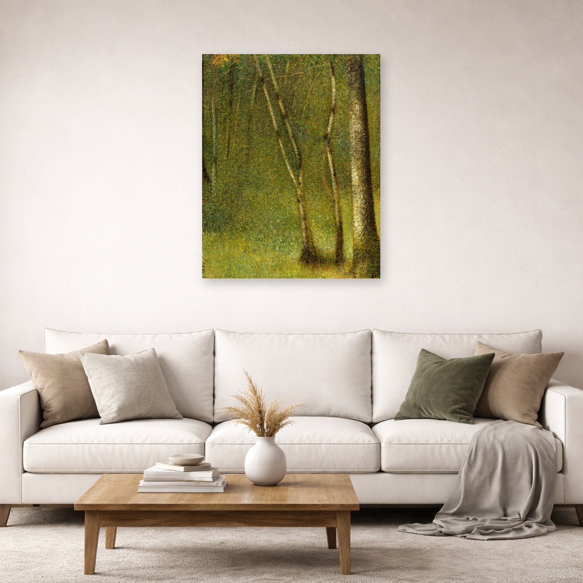 Unframed poster print of Georges Seurat's The Forest at Pontaubert displayed on a wall in a living room