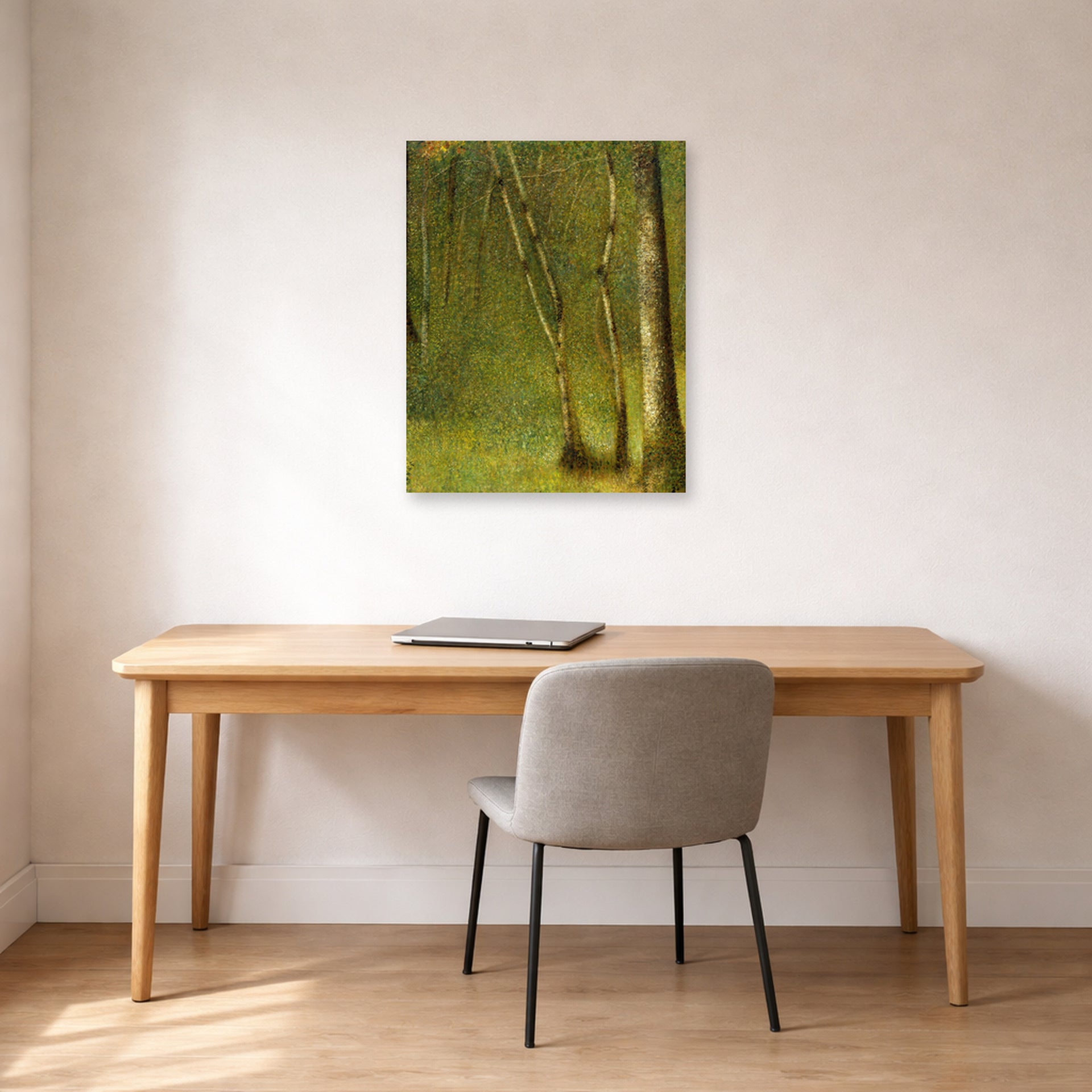 Unframed poster print of Georges Seurat's The Forest at Pontaubert displayed on a wall in a office