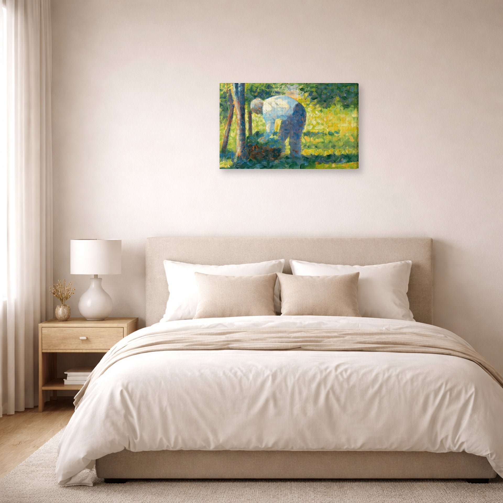 Gallery-wrapped canvas print of Georges Seurat's The Gardener displayed on a wall in a bedroom