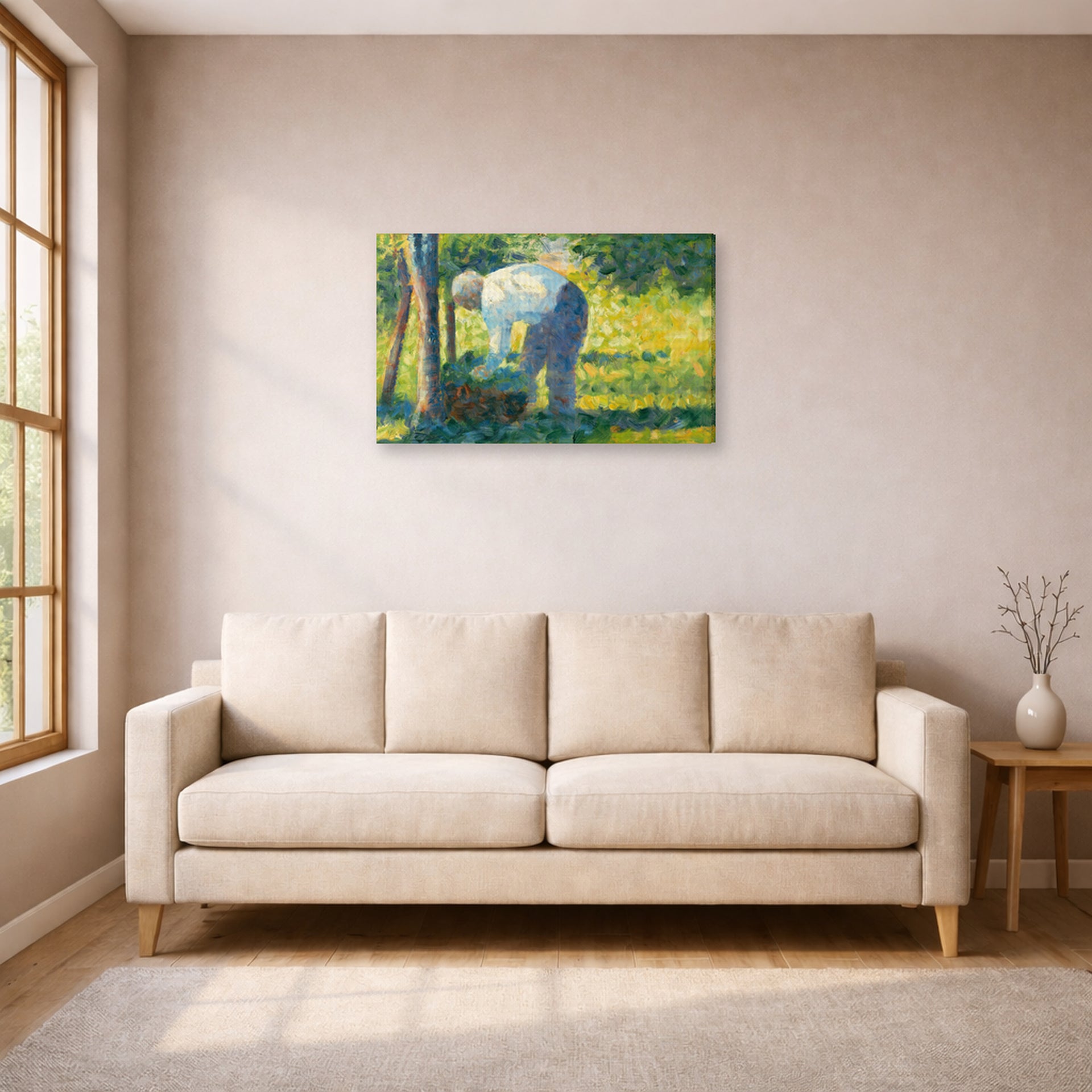 Gallery-wrapped canvas print of Georges Seurat's The Gardener displayed on a wall in a living room