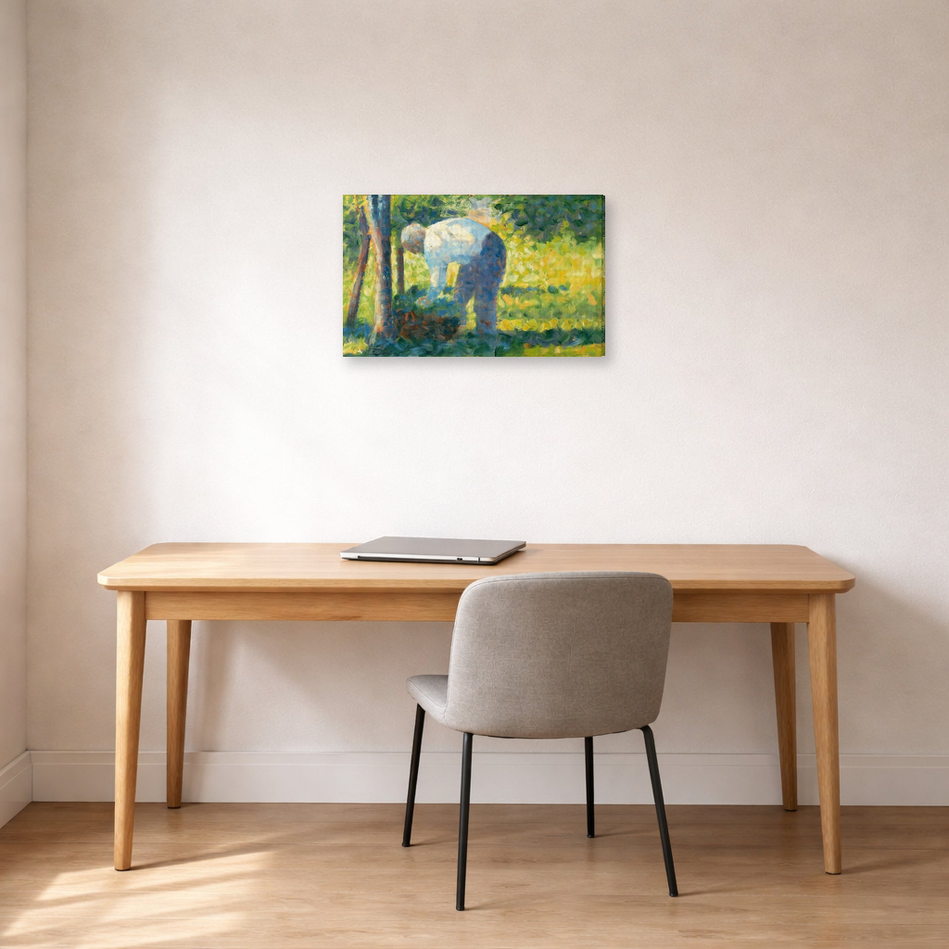 Gallery-wrapped canvas print of Georges Seurat's The Gardener displayed on a wall in a office
