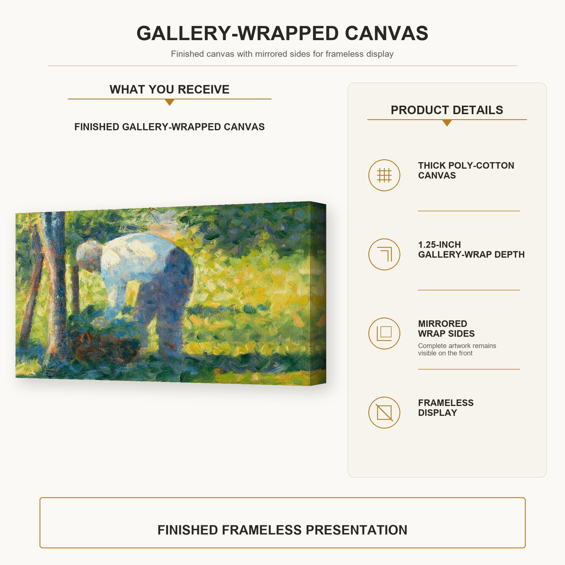 Georges Seurat - The Gardener gallery wrap canvas construction and hanging details infographic