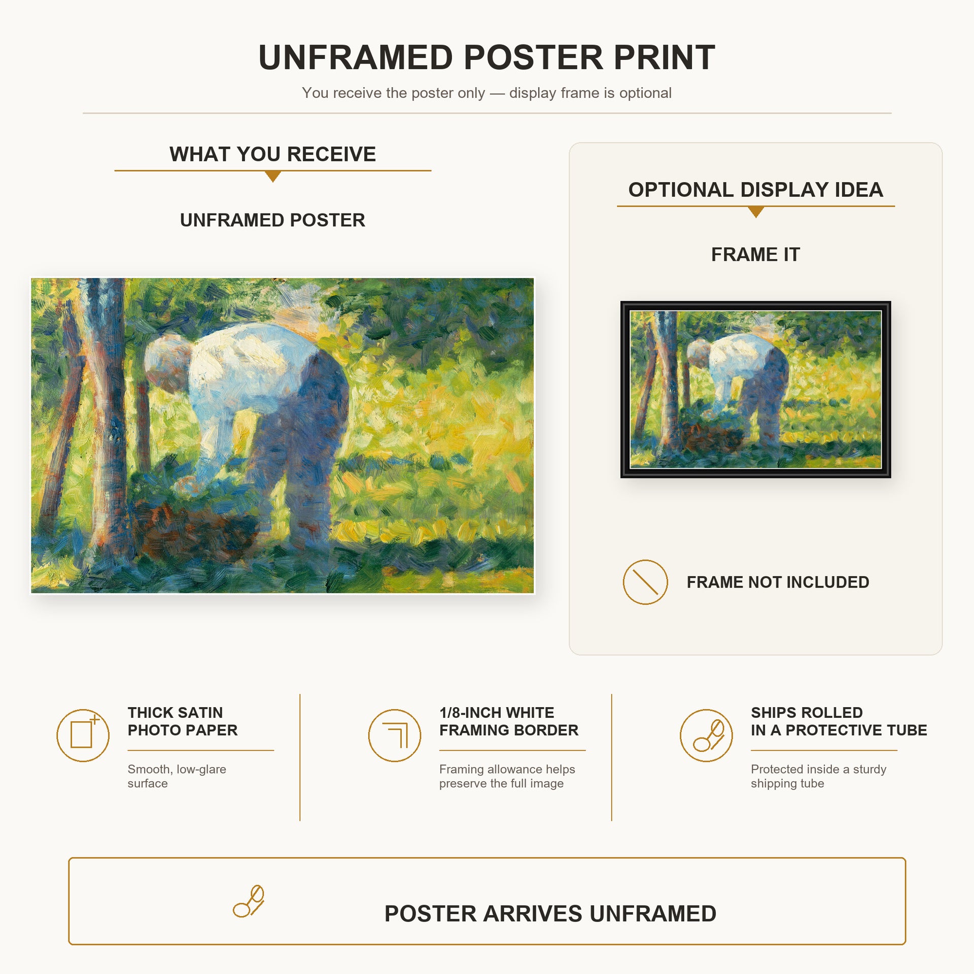 Georges Seurat - The Gardener poster print size comparison and framing display infographic