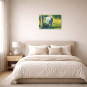 Unframed poster print of Georges Seurat's The Gardener displayed on a wall in a bedroom