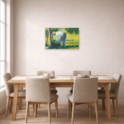 Unframed poster print of Georges Seurat's The Gardener displayed on a wall in a dining room