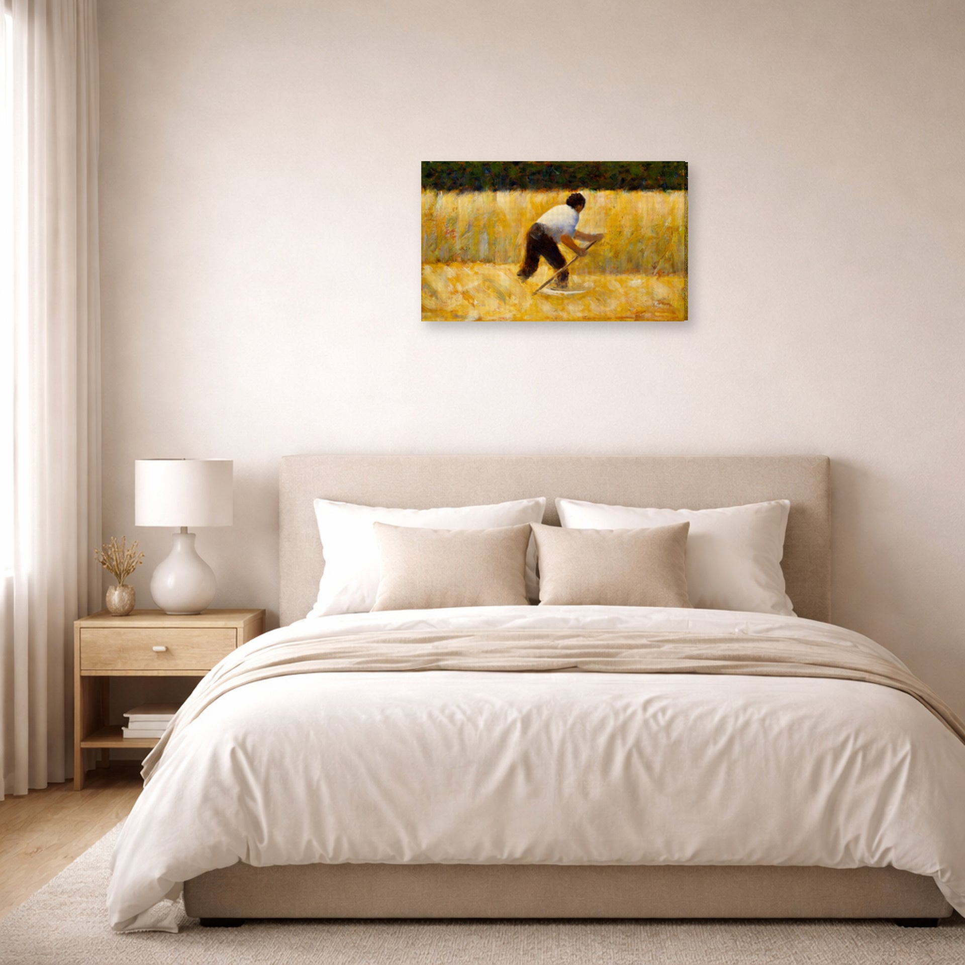 Gallery-wrapped canvas print of Georges Seurat's The Mower displayed on a wall in a bedroom