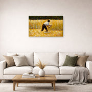 Gallery-wrapped canvas print of Georges Seurat's The Mower displayed on a wall in a living room