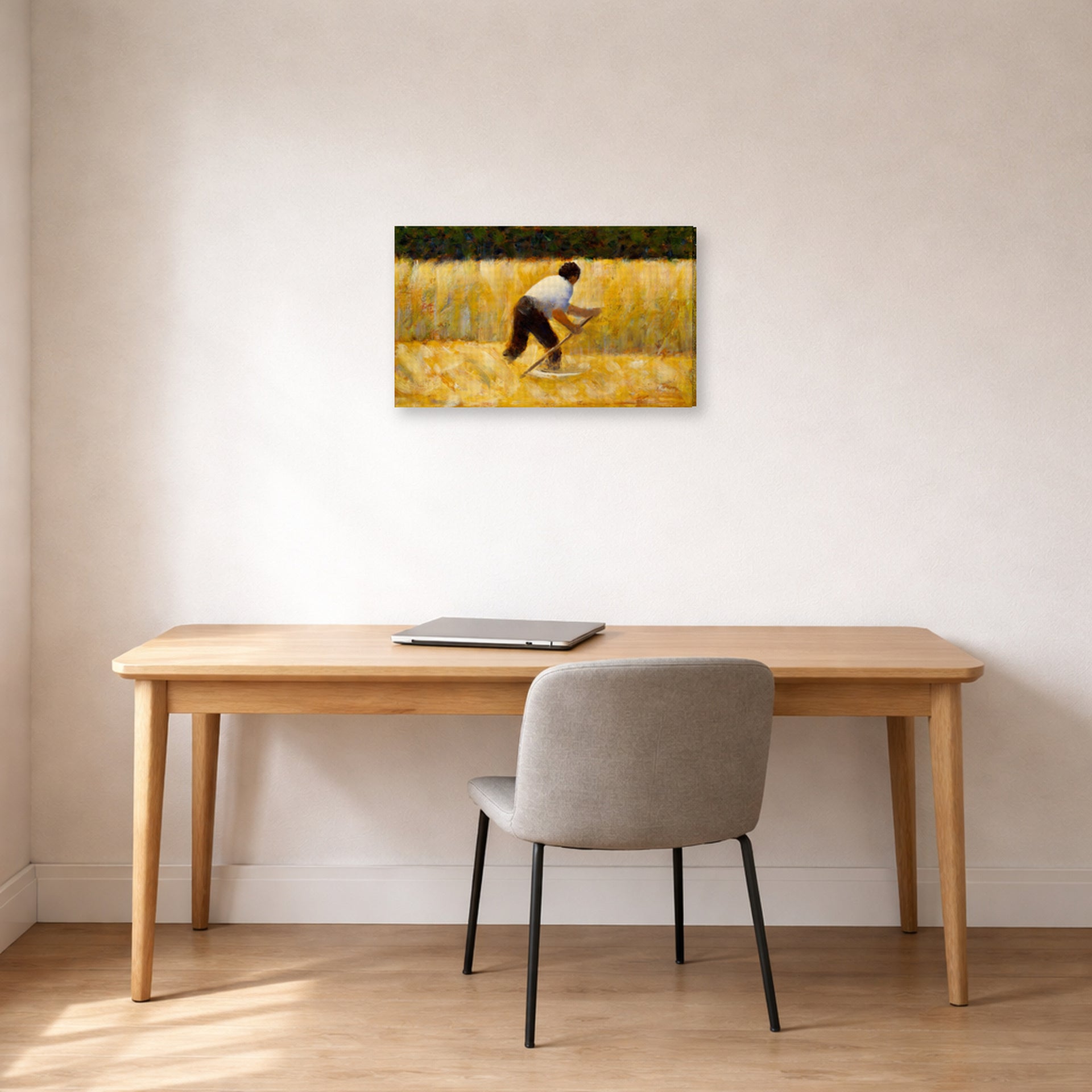 Gallery-wrapped canvas print of Georges Seurat's The Mower displayed on a wall in a office