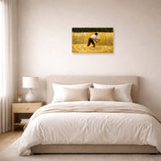 Unframed poster print of Georges Seurat's The Mower displayed on a wall in a bedroom