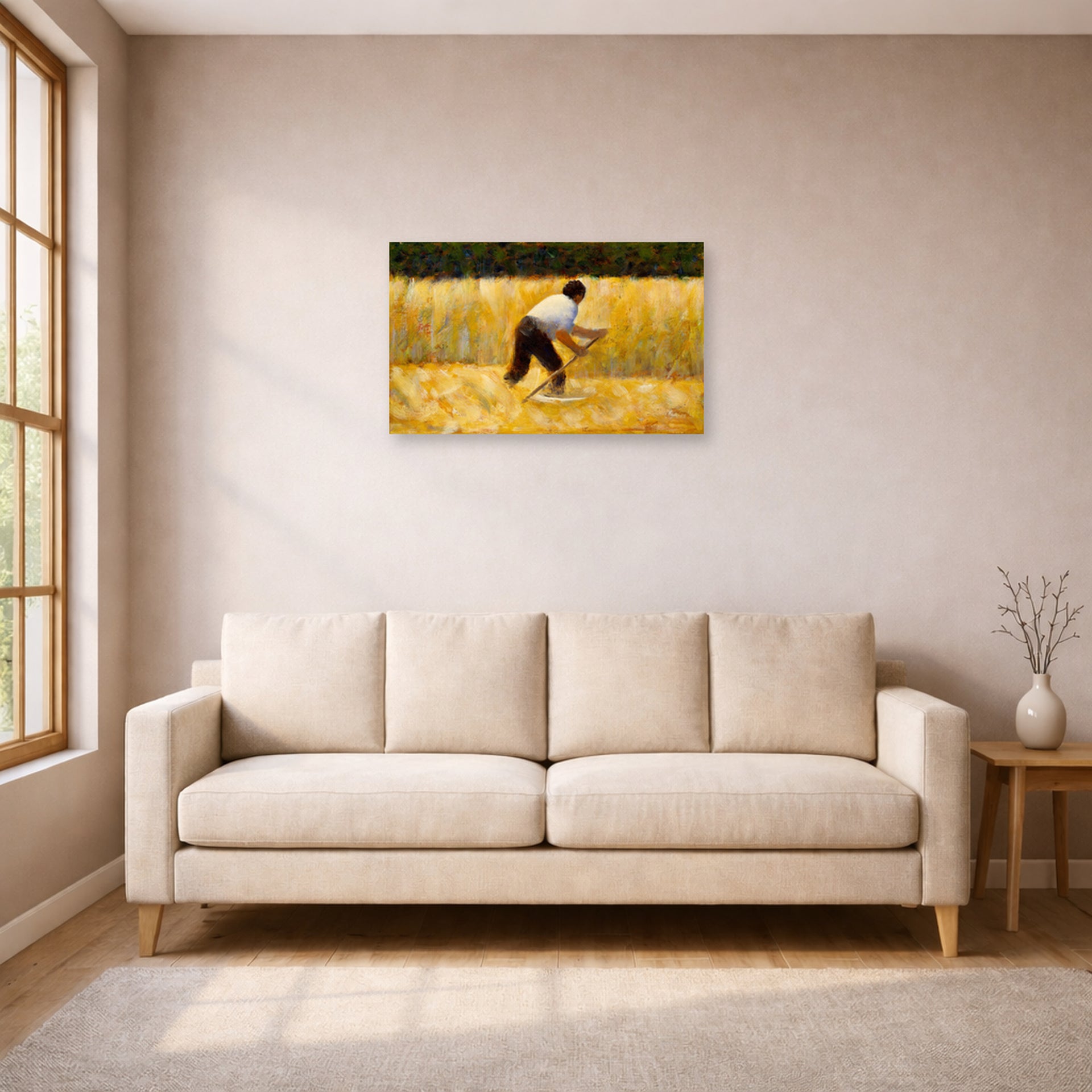 Unframed poster print of Georges Seurat's The Mower displayed on a wall in a living room