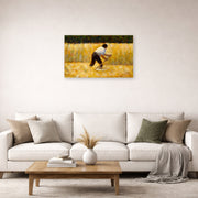 Unframed poster print of Georges Seurat's The Mower displayed on a wall in a living room