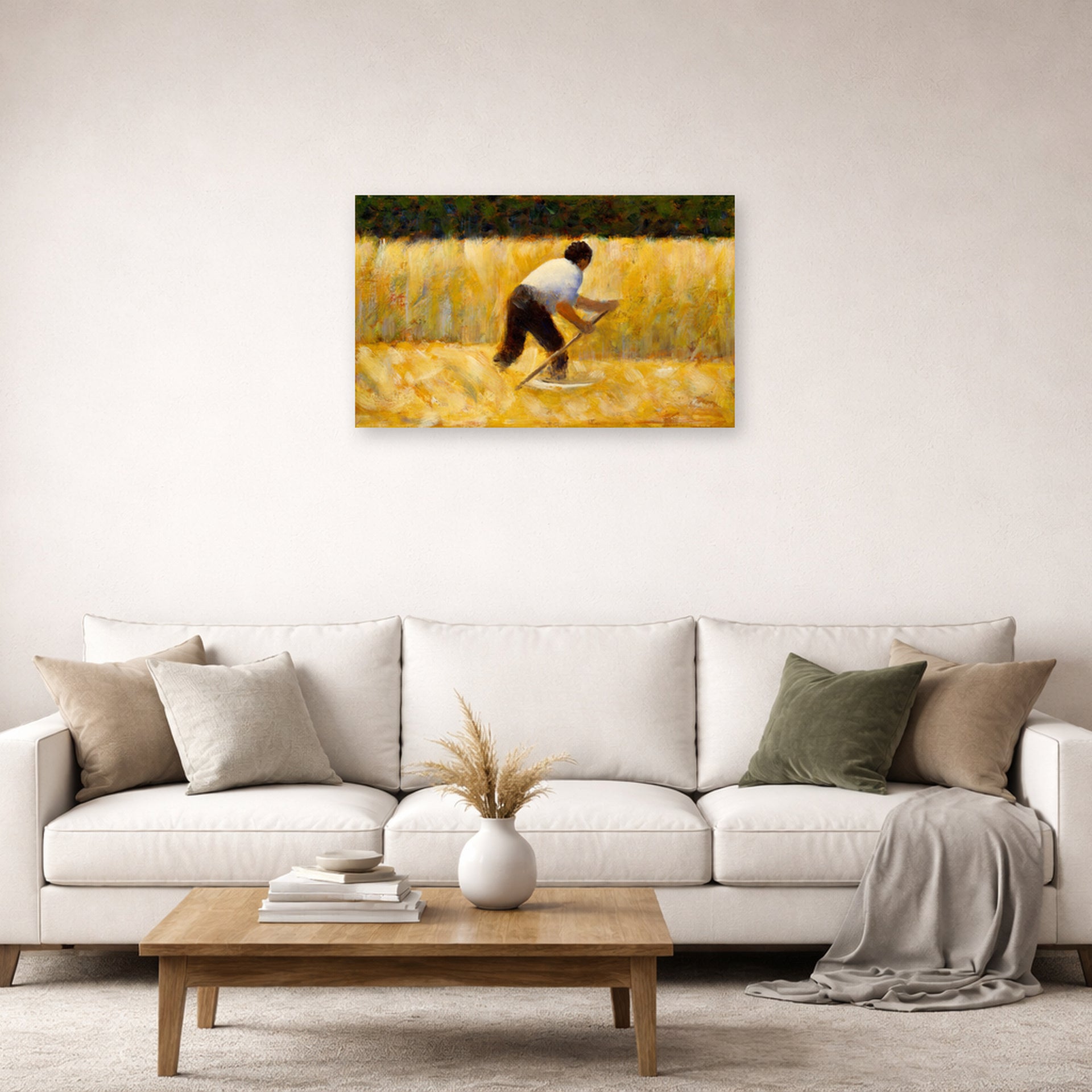 Unframed poster print of Georges Seurat's The Mower displayed on a wall in a living room