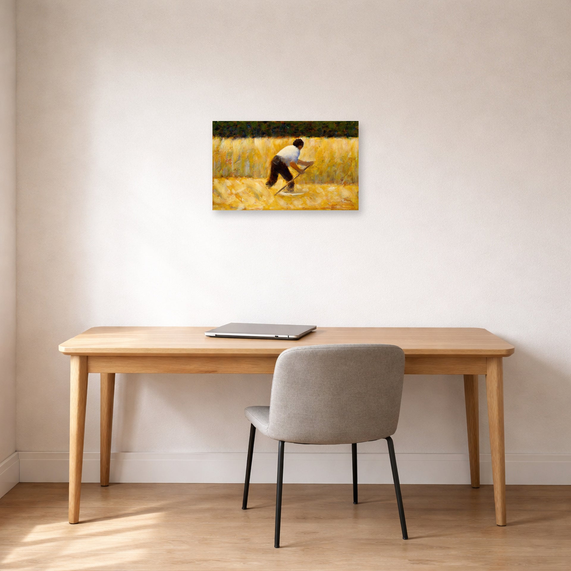 Unframed poster print of Georges Seurat's The Mower displayed on a wall in a office