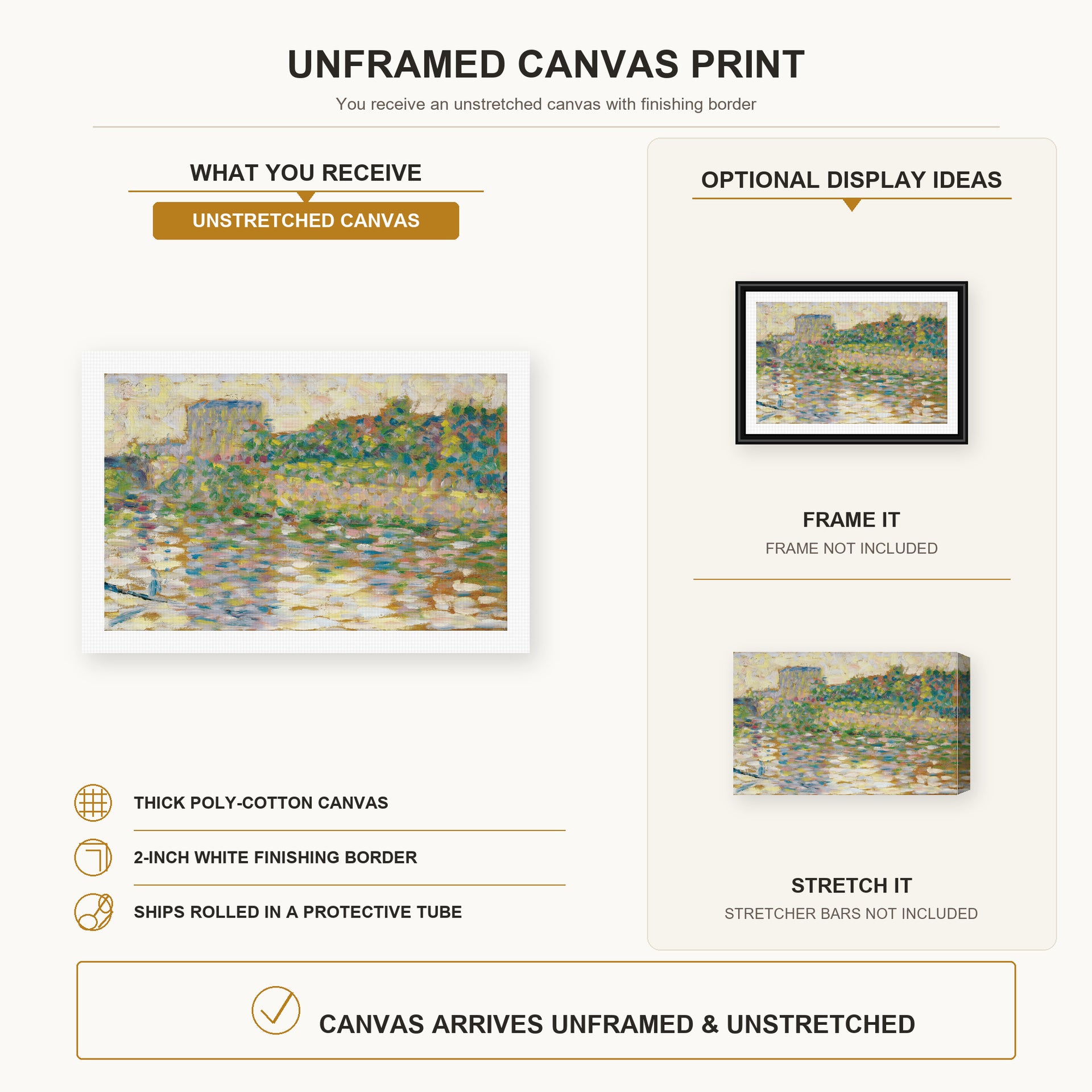 Georges Seurat - The Seine at Courbevoie canvas print size comparison and framing display infographic