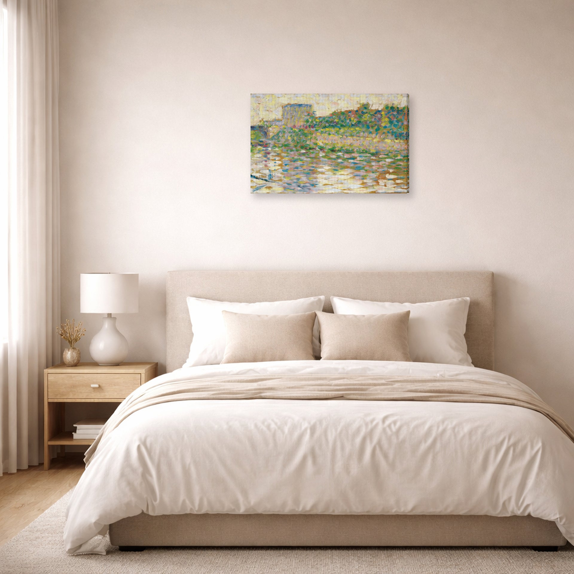 Gallery-wrapped canvas print of Georges Seurat's The Seine at Courbevoie displayed on a wall in a bedroom