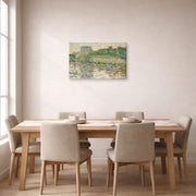 Gallery-wrapped canvas print of Georges Seurat's The Seine at Courbevoie displayed on a wall in a dining room