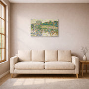 Gallery-wrapped canvas print of Georges Seurat's The Seine at Courbevoie displayed on a wall in a living room