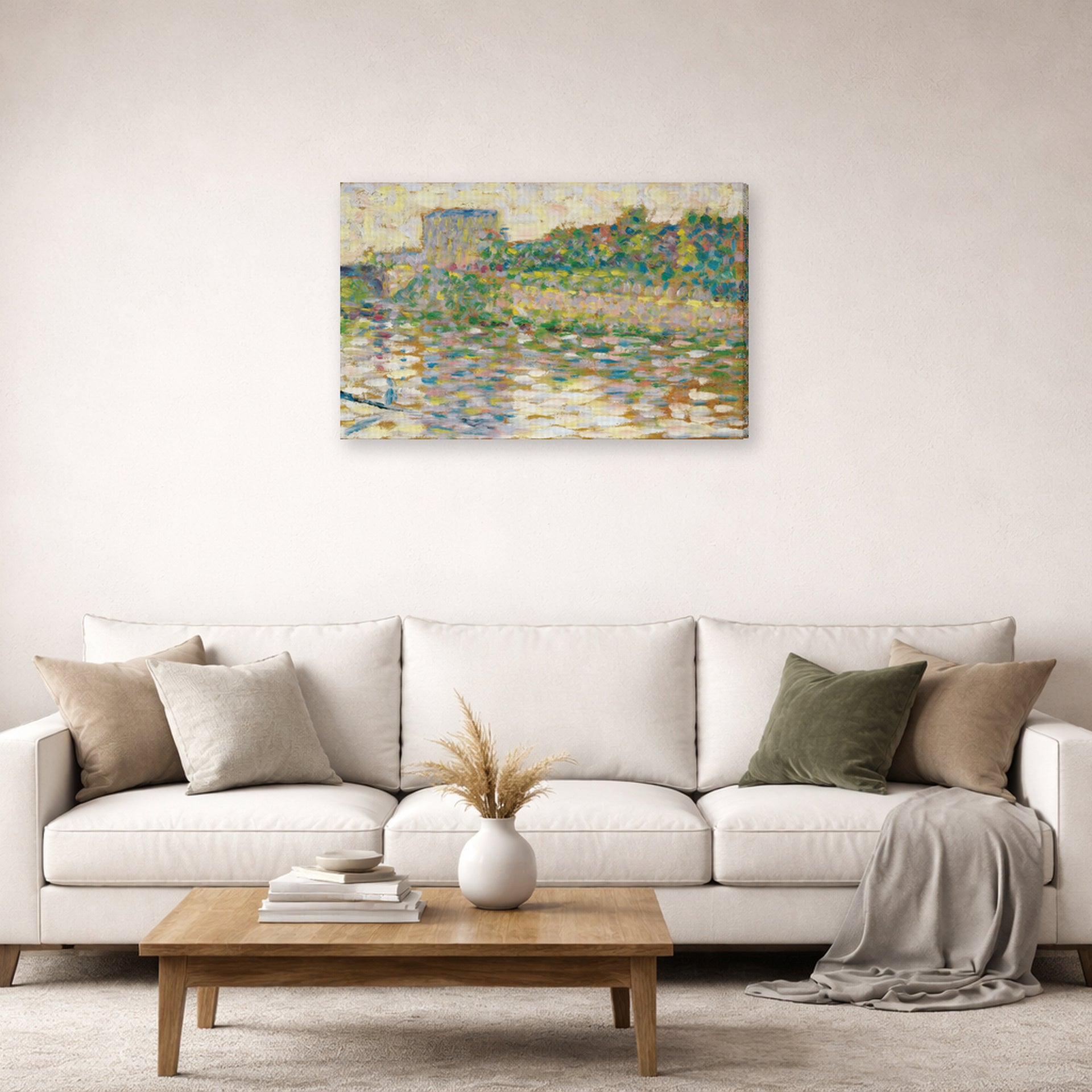 Gallery-wrapped canvas print of Georges Seurat's The Seine at Courbevoie displayed on a wall in a living room