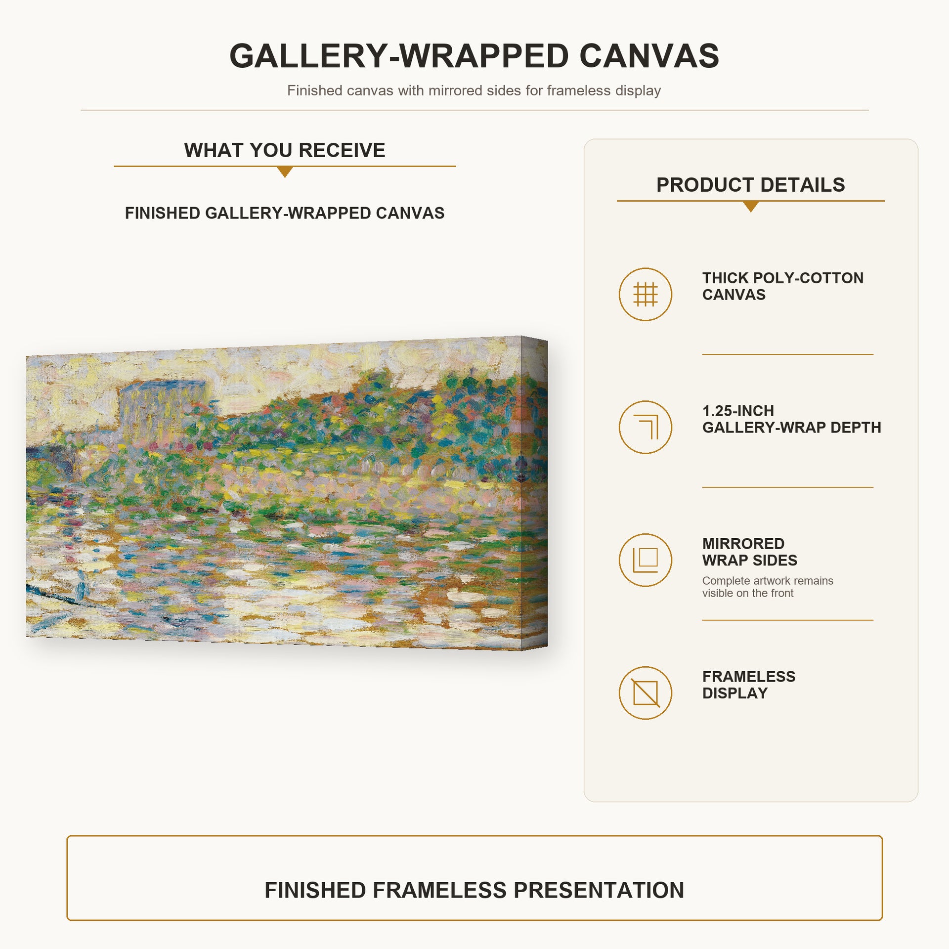 Georges Seurat - The Seine at Courbevoie gallery wrap canvas construction and hanging details infographic