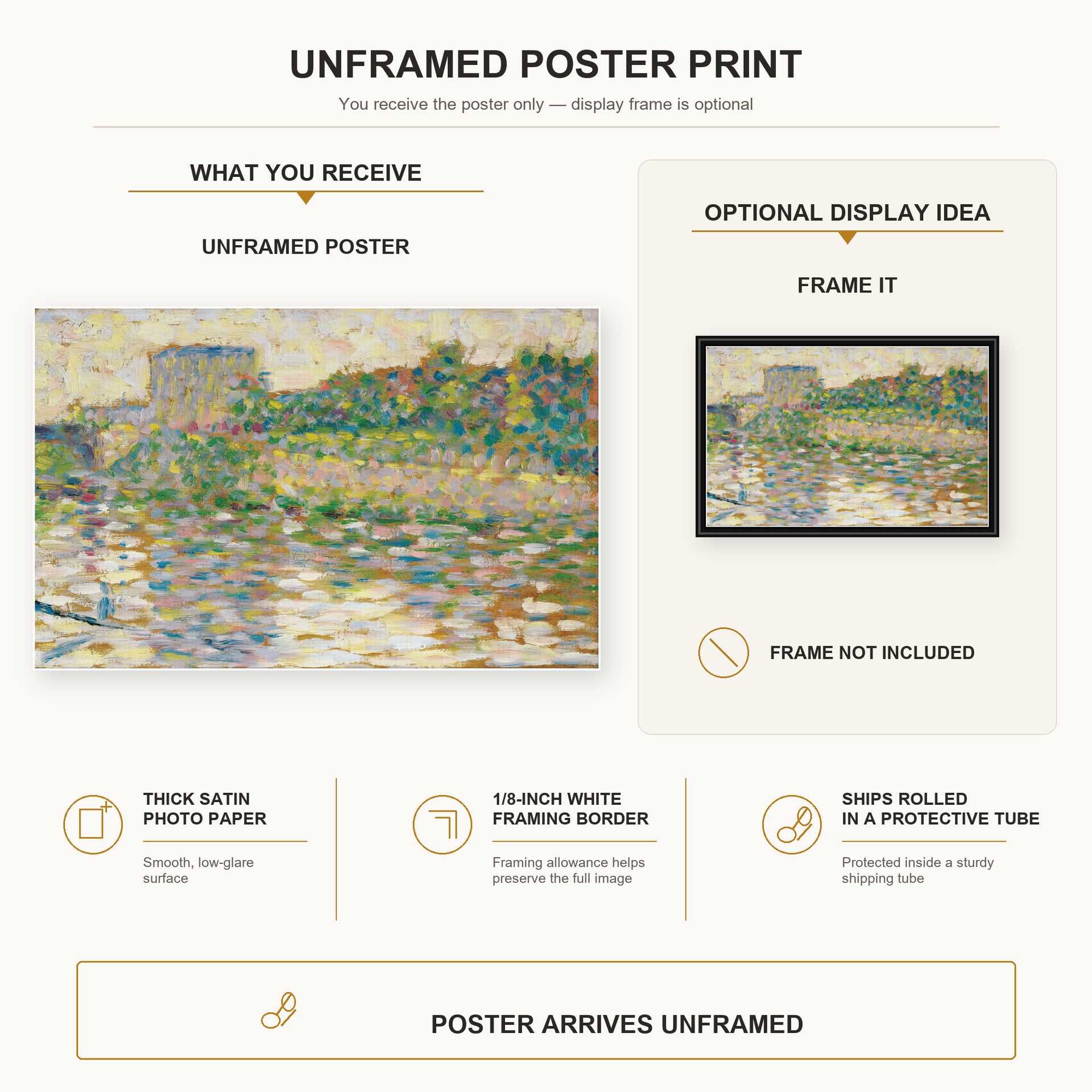 Georges Seurat - The Seine at Courbevoie poster print size comparison and framing display infographic