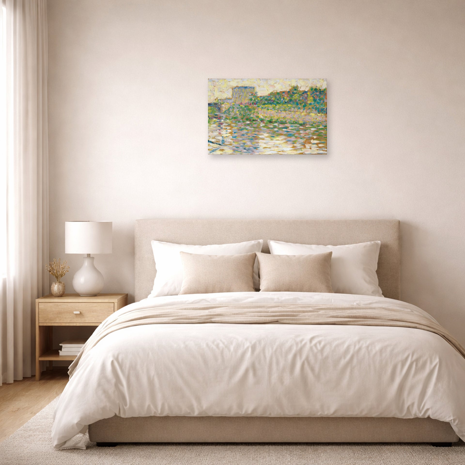 Unframed poster print of Georges Seurat's The Seine at Courbevoie displayed on a wall in a bedroom