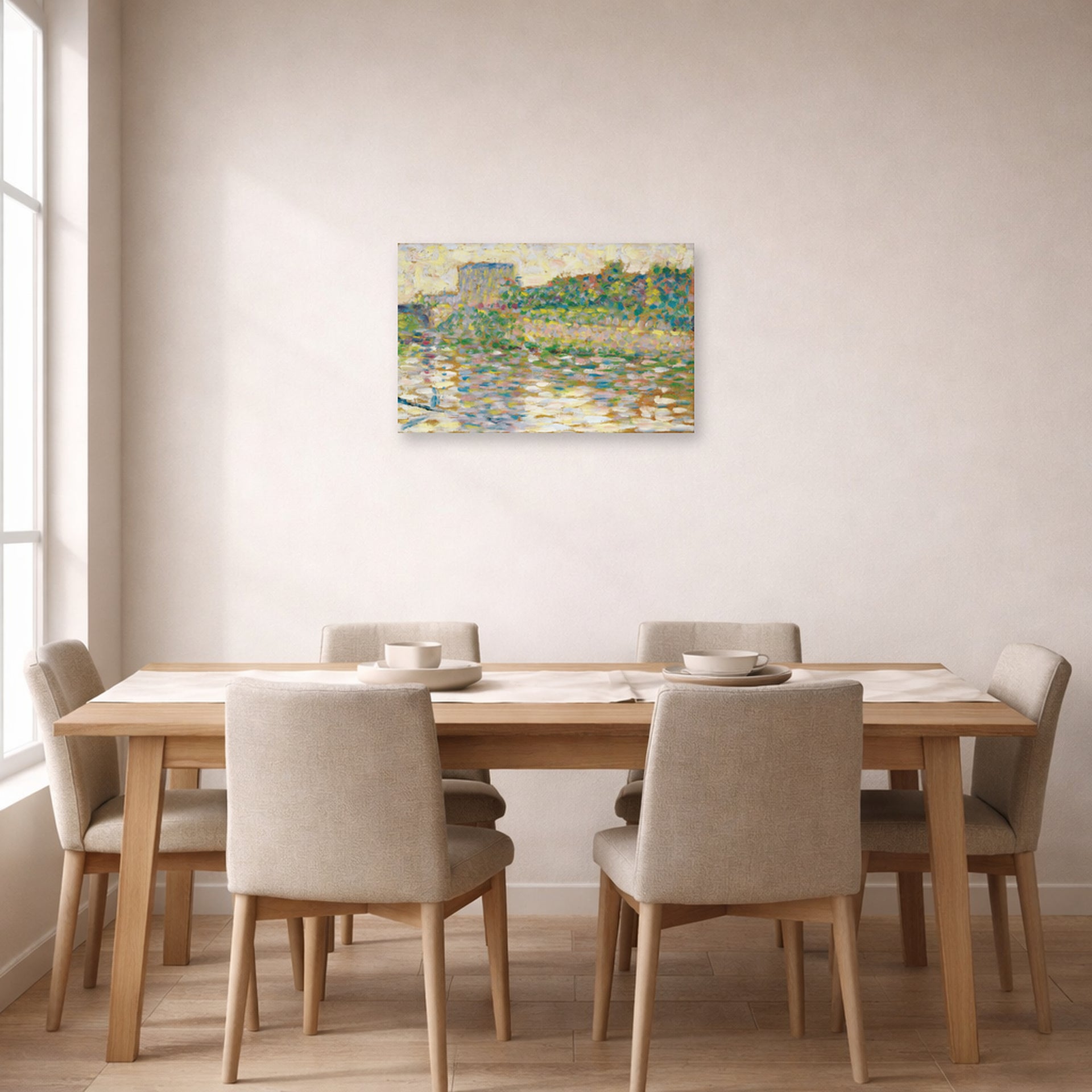 Unframed poster print of Georges Seurat's The Seine at Courbevoie displayed on a wall in a dining room