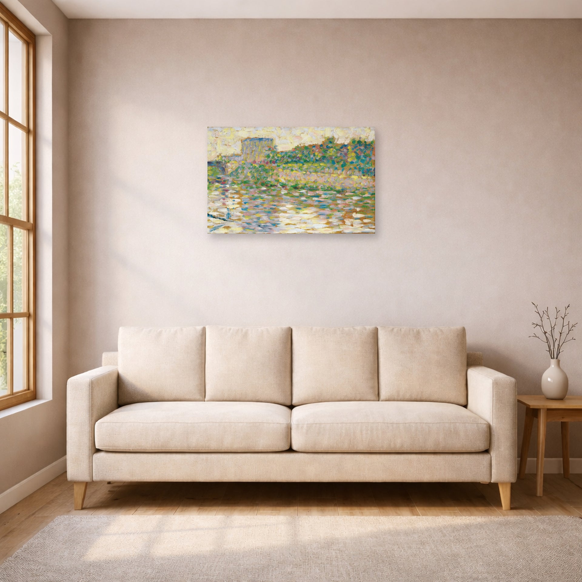 Unframed poster print of Georges Seurat's The Seine at Courbevoie displayed on a wall in a living room