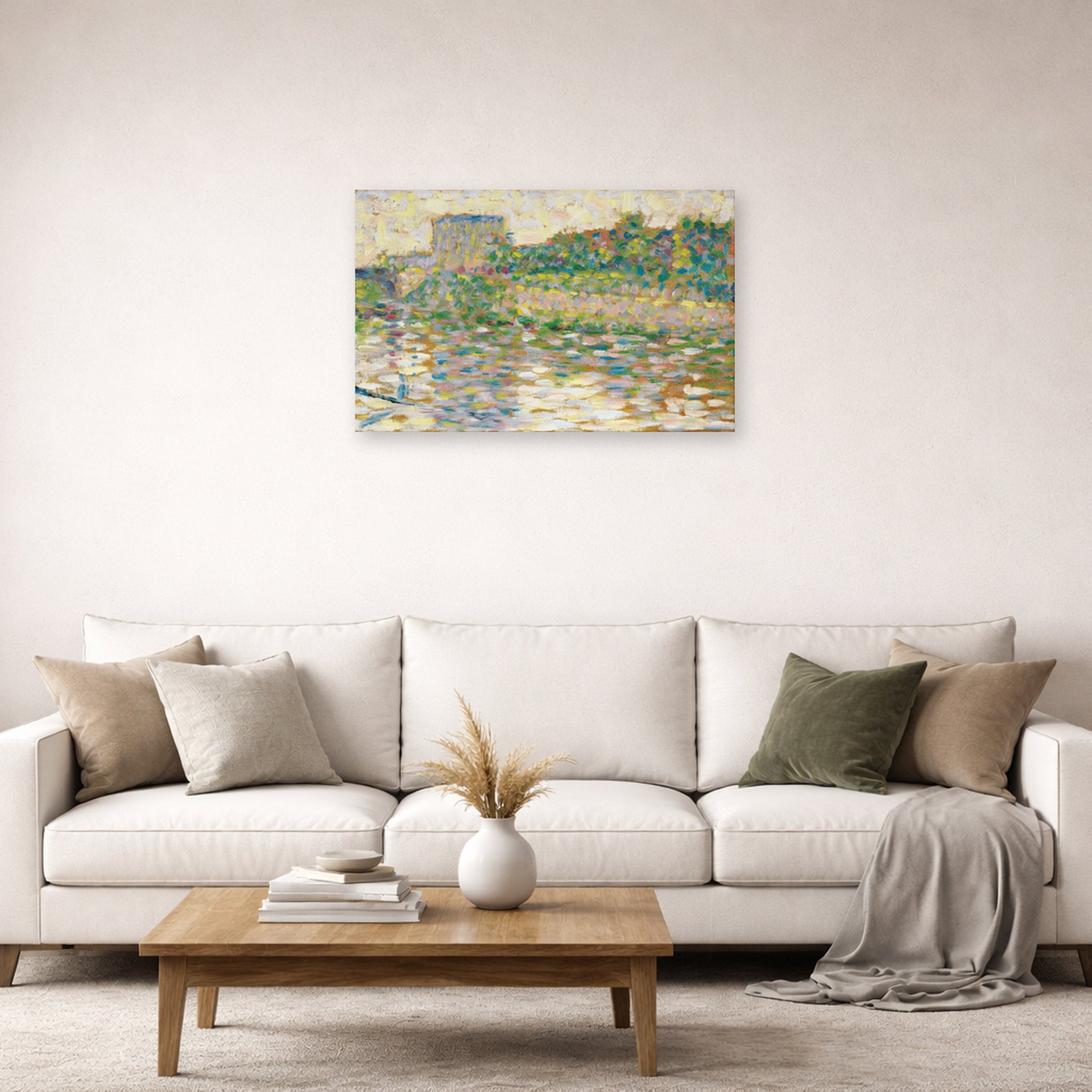 Unframed poster print of Georges Seurat's The Seine at Courbevoie displayed on a wall in a living room