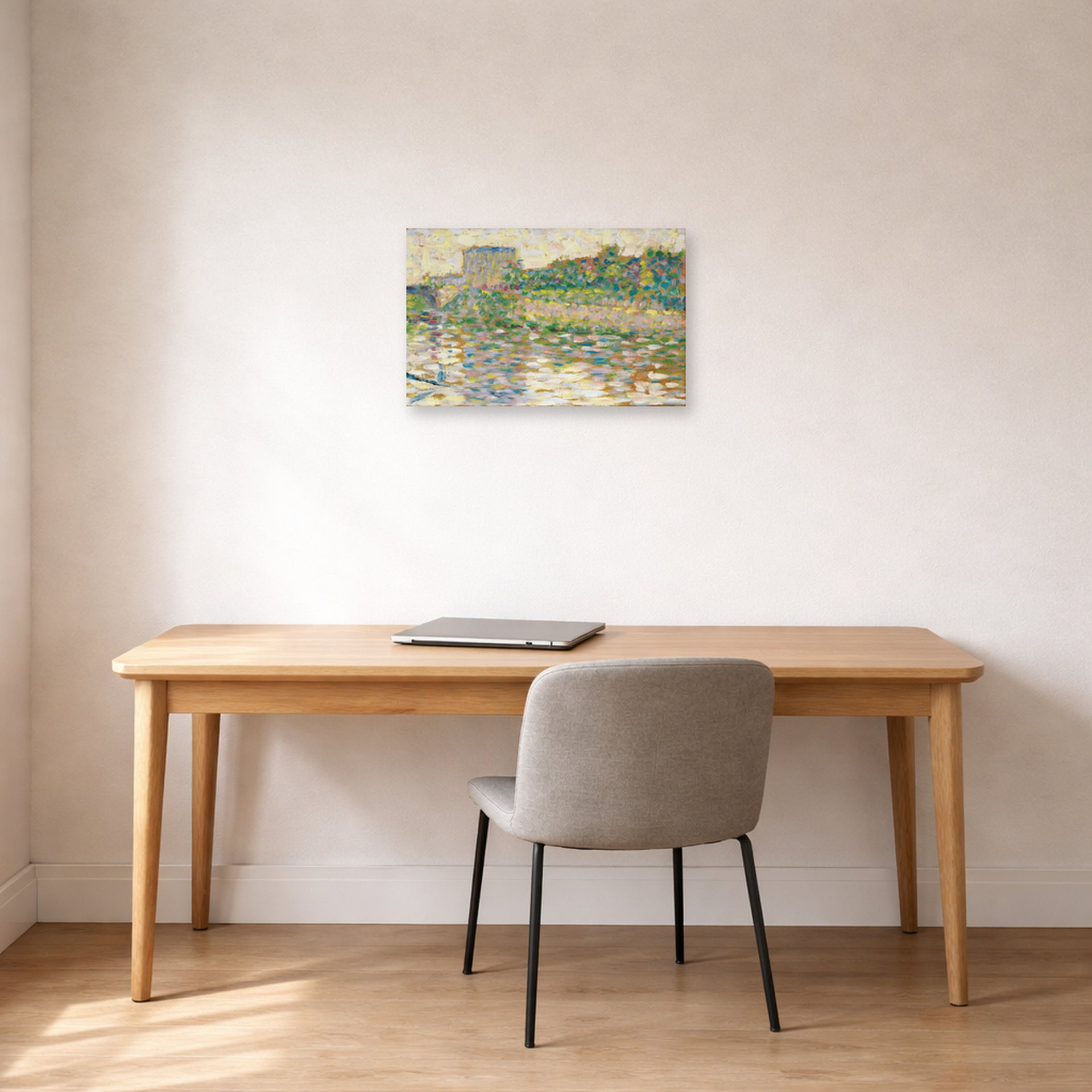 Unframed poster print of Georges Seurat's The Seine at Courbevoie displayed on a wall in a office