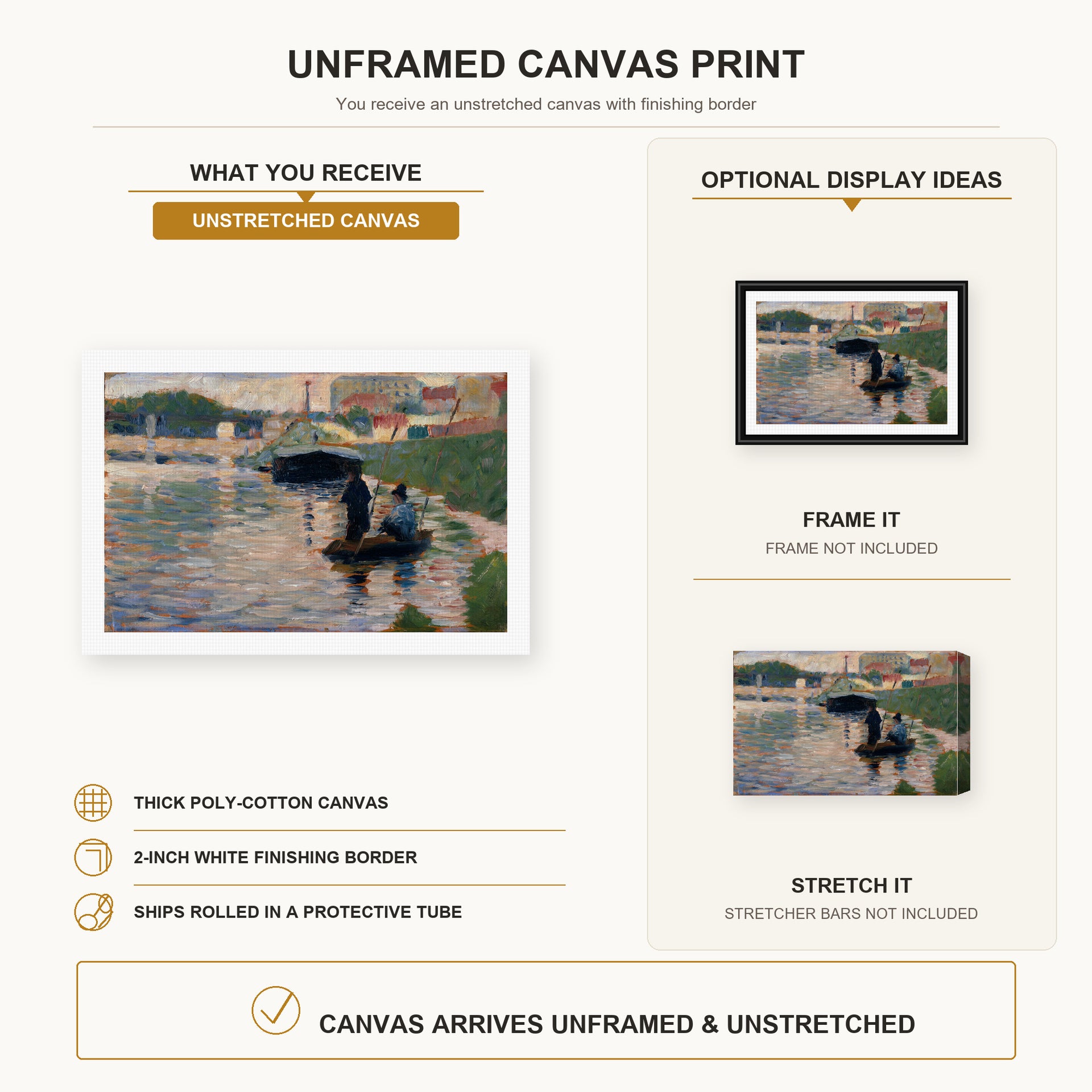 Georges Seurat - View of the Seine canvas print size comparison and framing display infographic