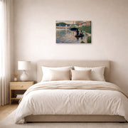 Gallery-wrapped canvas print of Georges Seurat's View of the Seine displayed on a wall in a bedroom