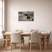 Gallery-wrapped canvas print of Georges Seurat's View of the Seine displayed on a wall in a dining room