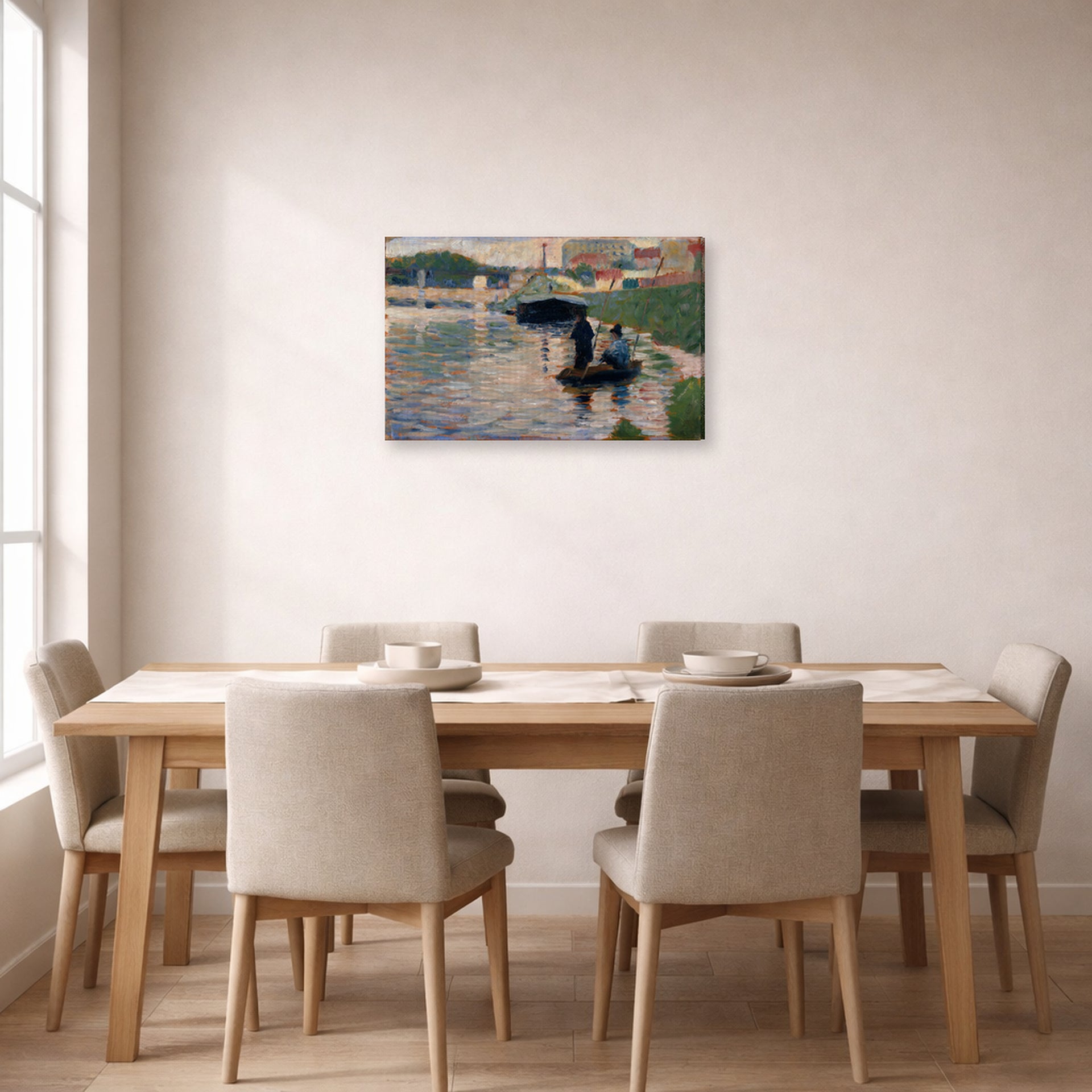 Gallery-wrapped canvas print of Georges Seurat's View of the Seine displayed on a wall in a dining room