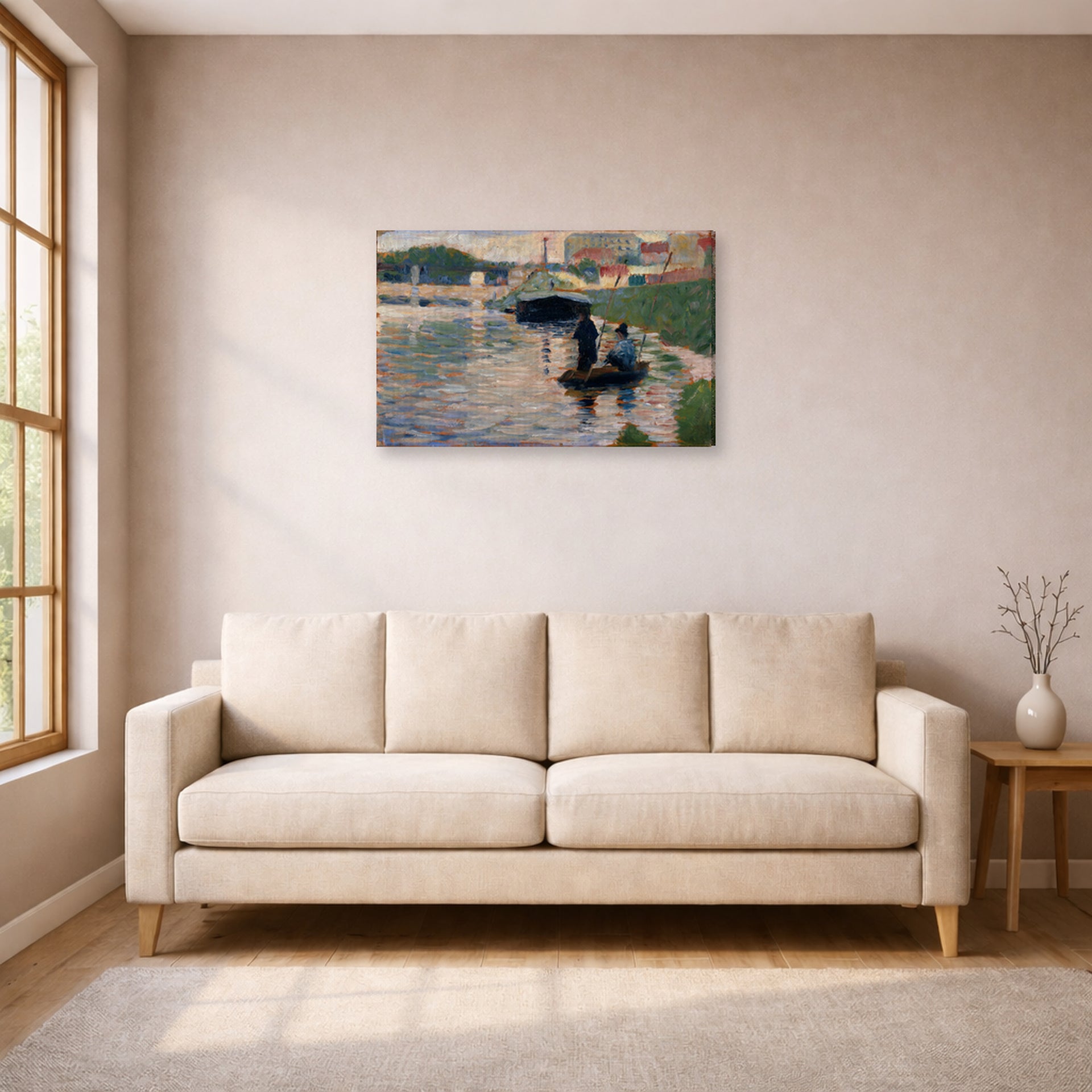 Gallery-wrapped canvas print of Georges Seurat's View of the Seine displayed on a wall in a living room