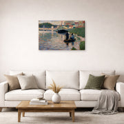 Gallery-wrapped canvas print of Georges Seurat's View of the Seine displayed on a wall in a living room