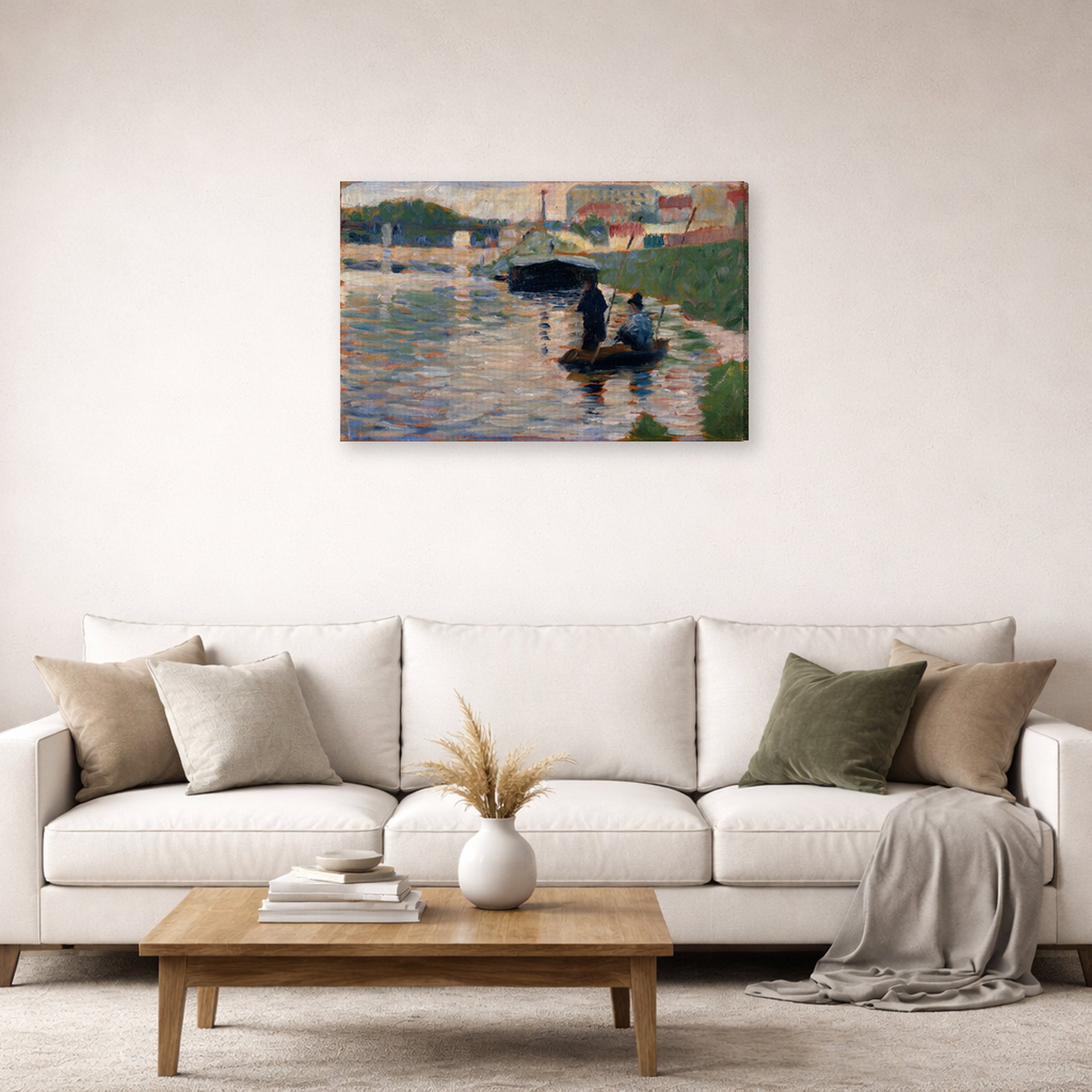 Gallery-wrapped canvas print of Georges Seurat's View of the Seine displayed on a wall in a living room