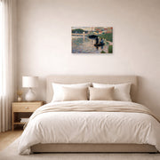 Unframed poster print of Georges Seurat's View of the Seine displayed on a wall in a bedroom