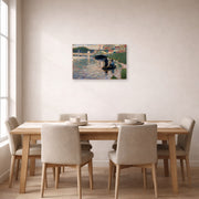 Unframed poster print of Georges Seurat's View of the Seine displayed on a wall in a dining room
