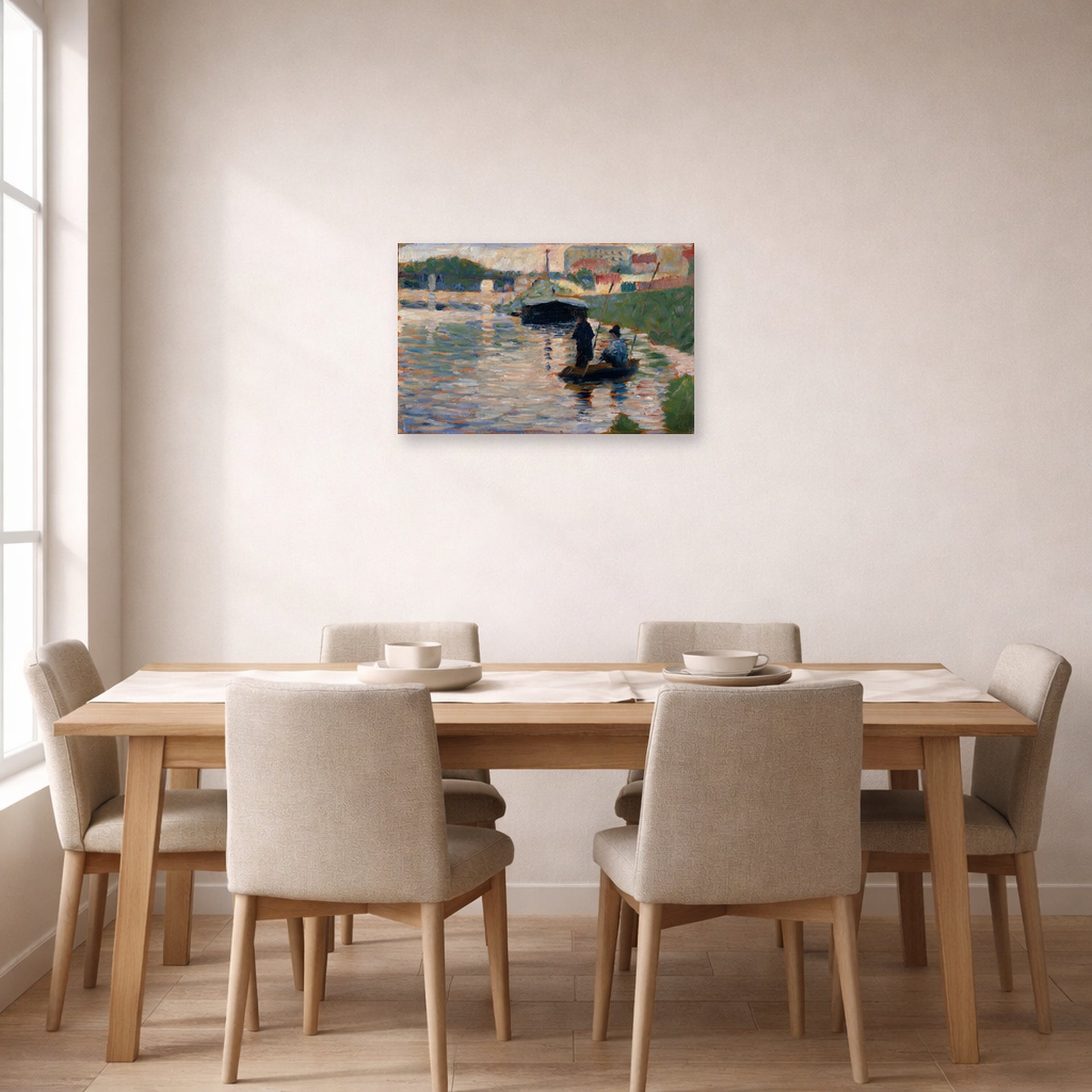 Unframed poster print of Georges Seurat's View of the Seine displayed on a wall in a dining room