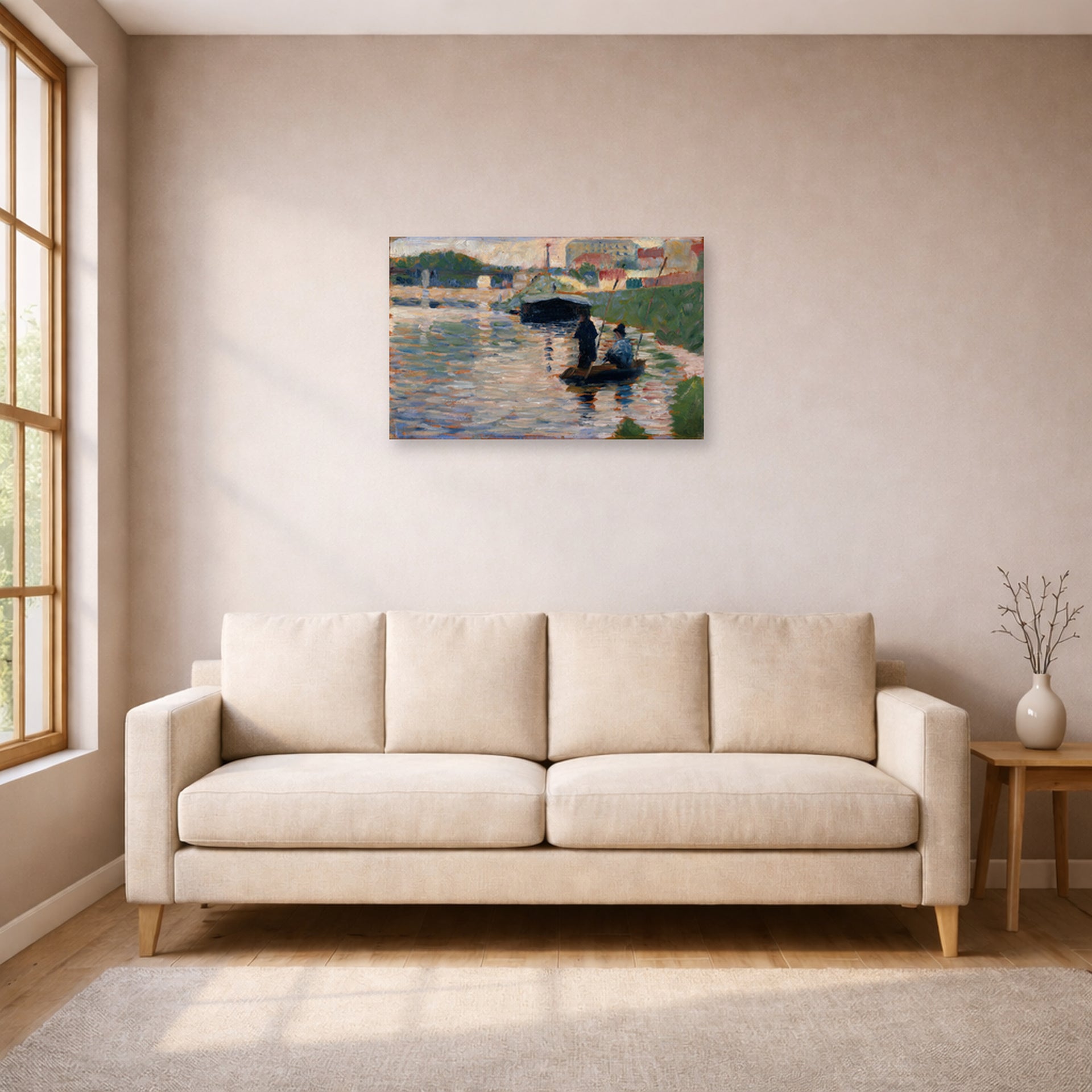Unframed poster print of Georges Seurat's View of the Seine displayed on a wall in a living room