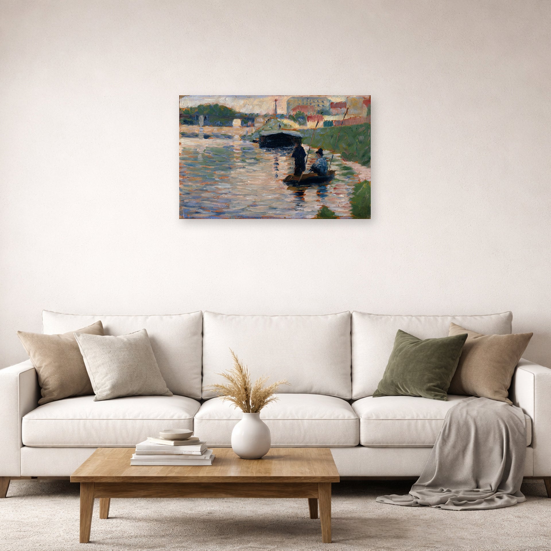 Unframed poster print of Georges Seurat's View of the Seine displayed on a wall in a living room