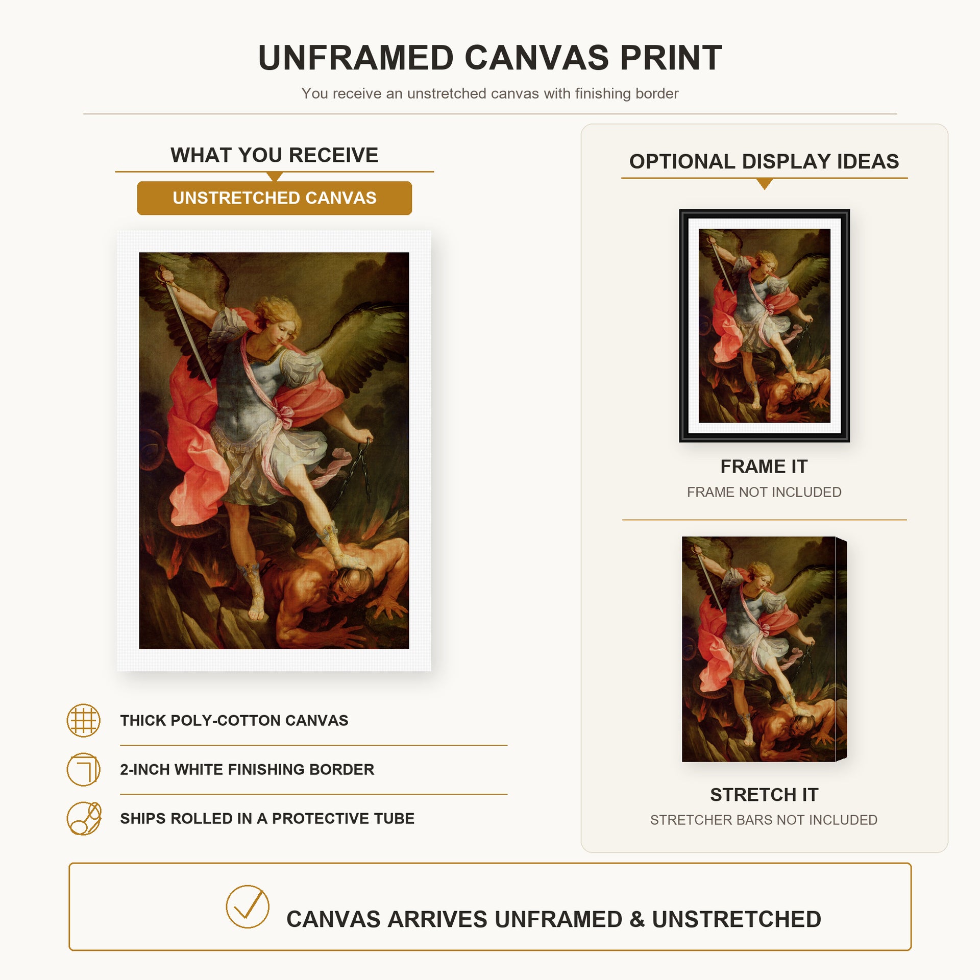 Guido Reni - The Archangel Michael defeating Satan canvas print size comparison and framing display infographic