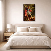 Gallery-wrapped canvas print of Guido Reni's 'The Archangel Michael defeating Satan' displayed on a wall in a bedroom