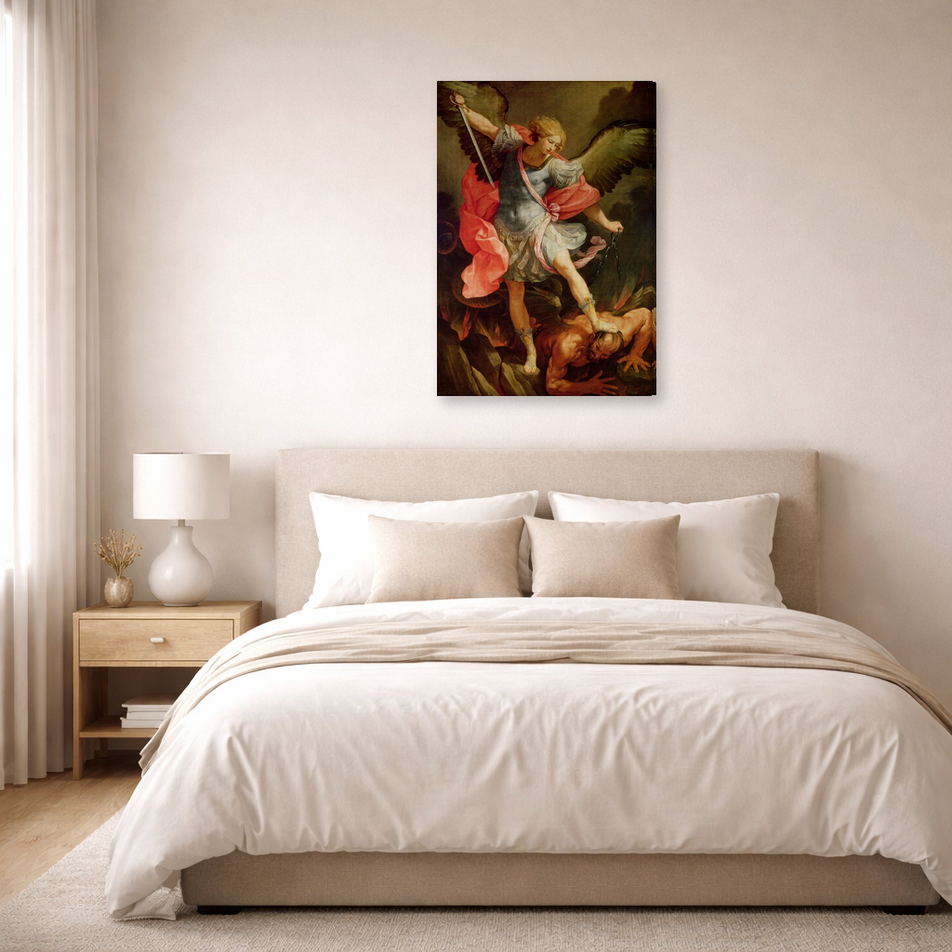 Gallery-wrapped canvas print of Guido Reni's 'The Archangel Michael defeating Satan' displayed on a wall in a bedroom