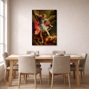 Gallery-wrapped canvas print of Guido Reni's 'The Archangel Michael defeating Satan' displayed on a wall in a dining room